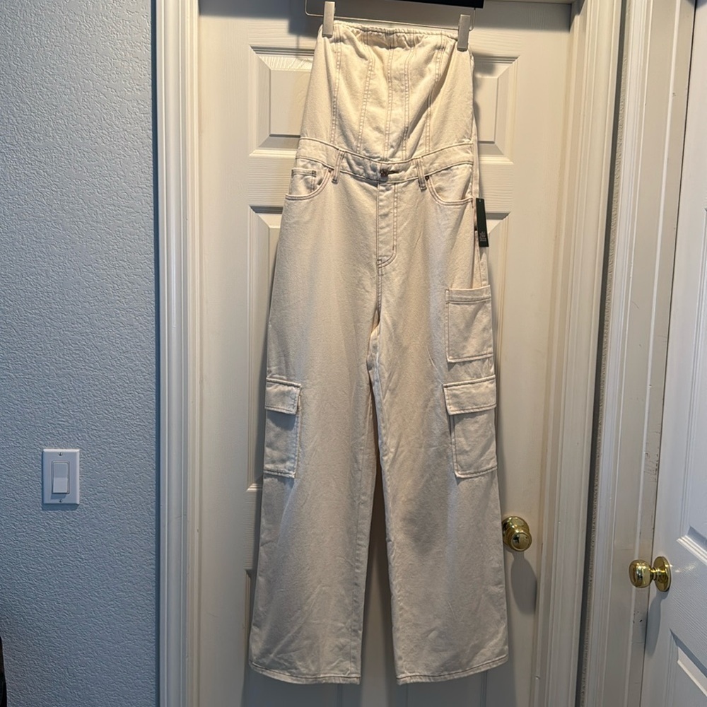 Wild Fable Cream Denim Strapless Cargo Jumpsuit Small NWT